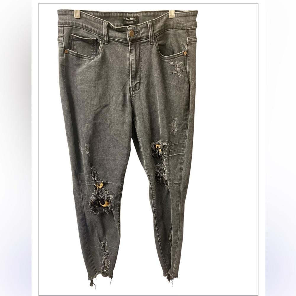 Judy Blue Jeans 14W Rip Leopard Patch Black Distressed Skinny Mid Rise Frayed